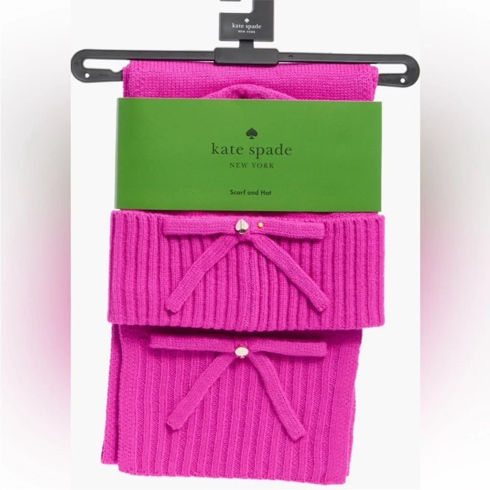 NEW kate spade new york Jeweled Bow Knit Beanie & Scarf Set In Marker Pink - Picture 2 of 9